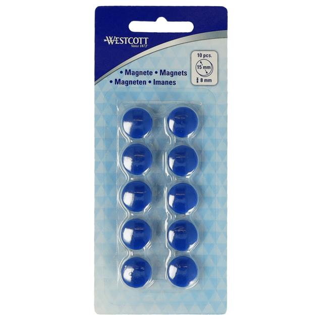 Set 10 magneti Westcott, d15 mm, albastru, sustin 3/4 coli, 80g