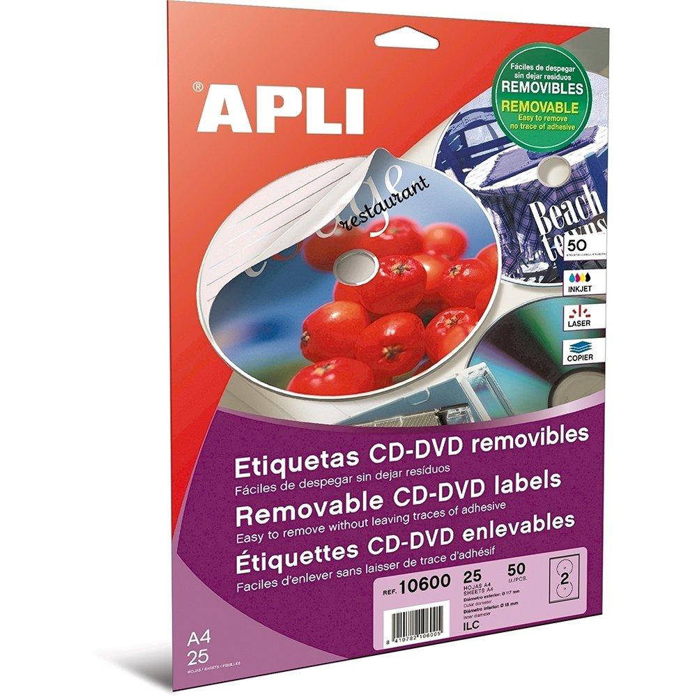 Etichete autoadezive Apli multimedia, A4, CD/DVD, diametru exterior: 117 mm, diametru interior: 18 mm, 50 bucati, 25 coli/set