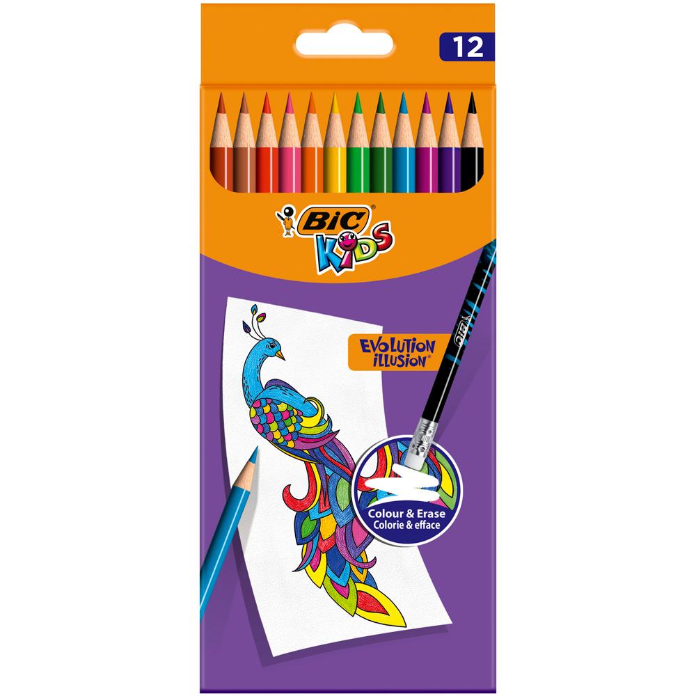 Creioane colorate Bic Evolution Illusion cu radiera, 12 culori/set