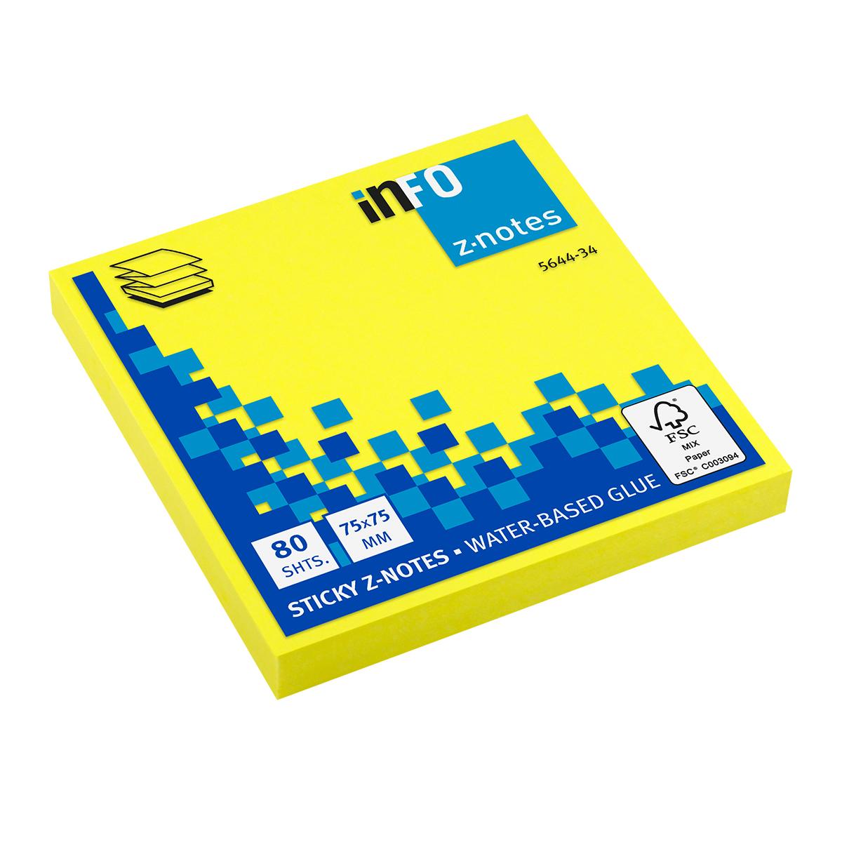 Notite adezive InFO Z-notes, 75x75 mm, galben neon, 80 file/set