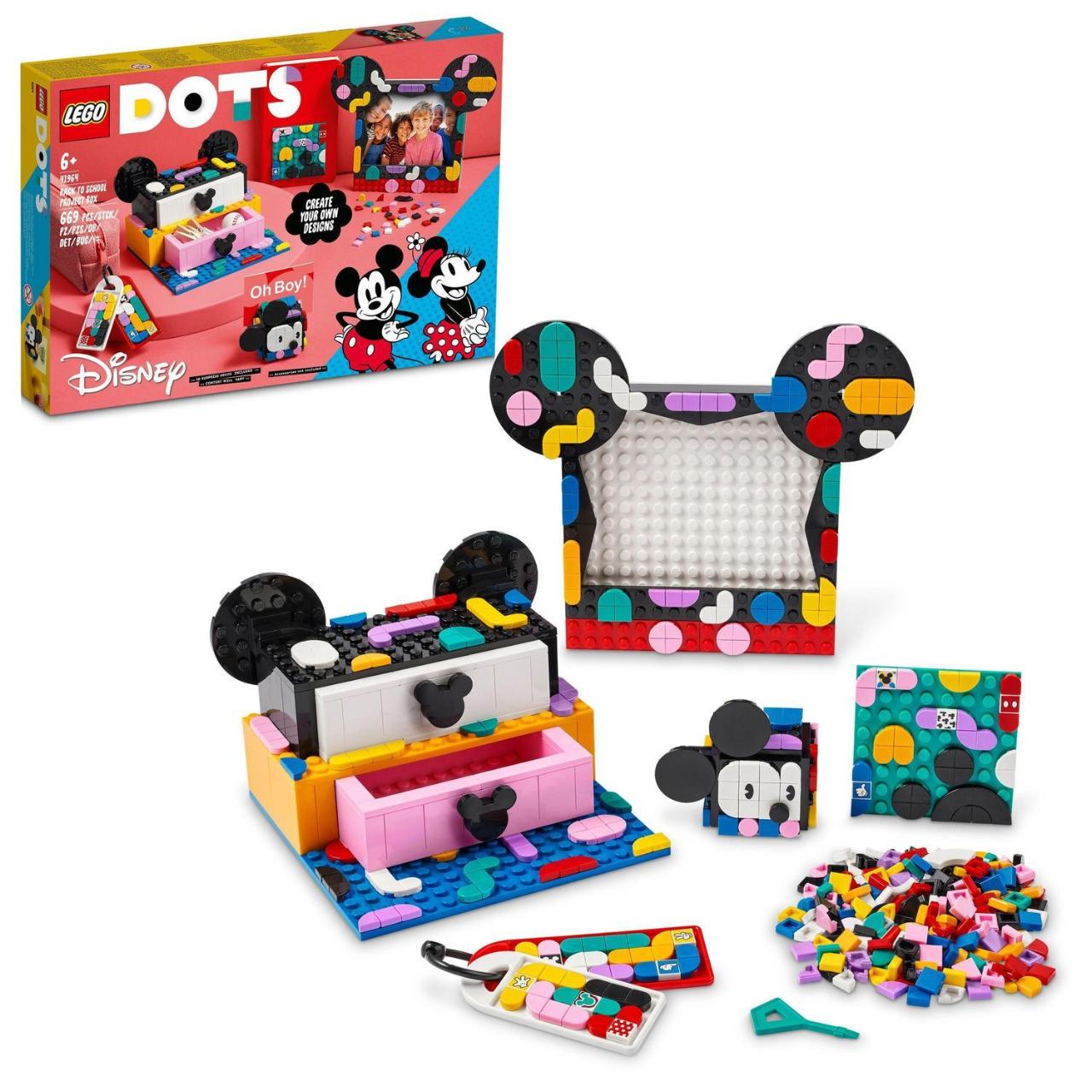 LEGO DOTS, Caseta Mickey Mouse si Minnie Mouse pentru proiecte scolare, numar piese 669, varsta 6+