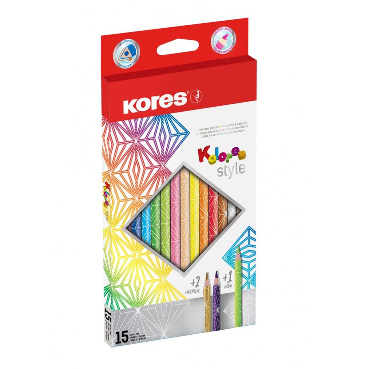Creioane triunghiulare Kores, 15 culori/set