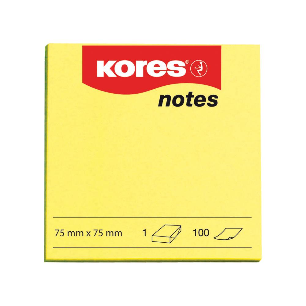 Notite adezive, Kores, 75 x 75 mm, galben neon, 100 file