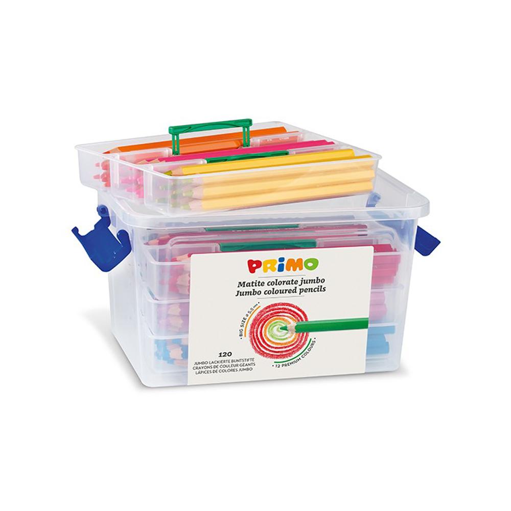 Creioane colorate Morocolor Primo, hexagonale, lacuite, cutie scolara cu rafturi despartitoare, 120 bucati, 12 culori
