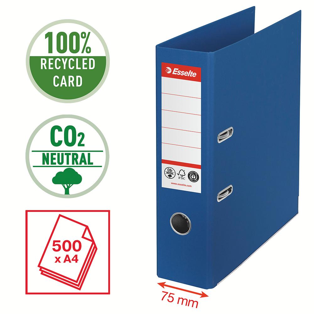 Biblioraft Esselte No.1 Power Recycled, carton reciclat si reciclabil cu amprenta CO2 neutra, A4, 75 mm, albastru