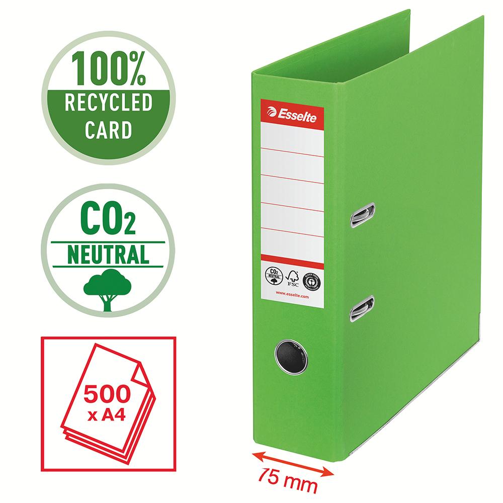 Biblioraft Esselte No.1 Power Recycled, carton reciclat si reciclabil cu amprenta CO2 neutra, A4, 75 mm, verde
