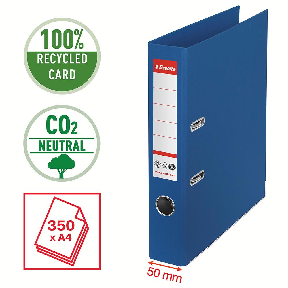 Biblioraft Esselte No.1 Power Recycled, carton reciclat si reciclabil cu amprenta CO2 neutra, A4, 50 mm, albastru