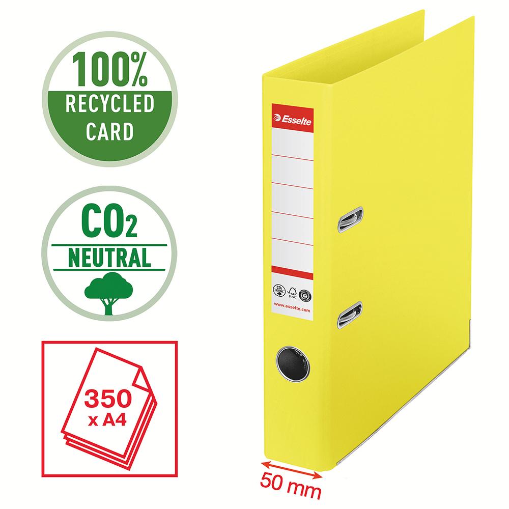 Biblioraft Esselte No.1 Power Recycled, carton reciclat si reciclabil cu amprenta CO2 neutra, A4, 50 mm, galben