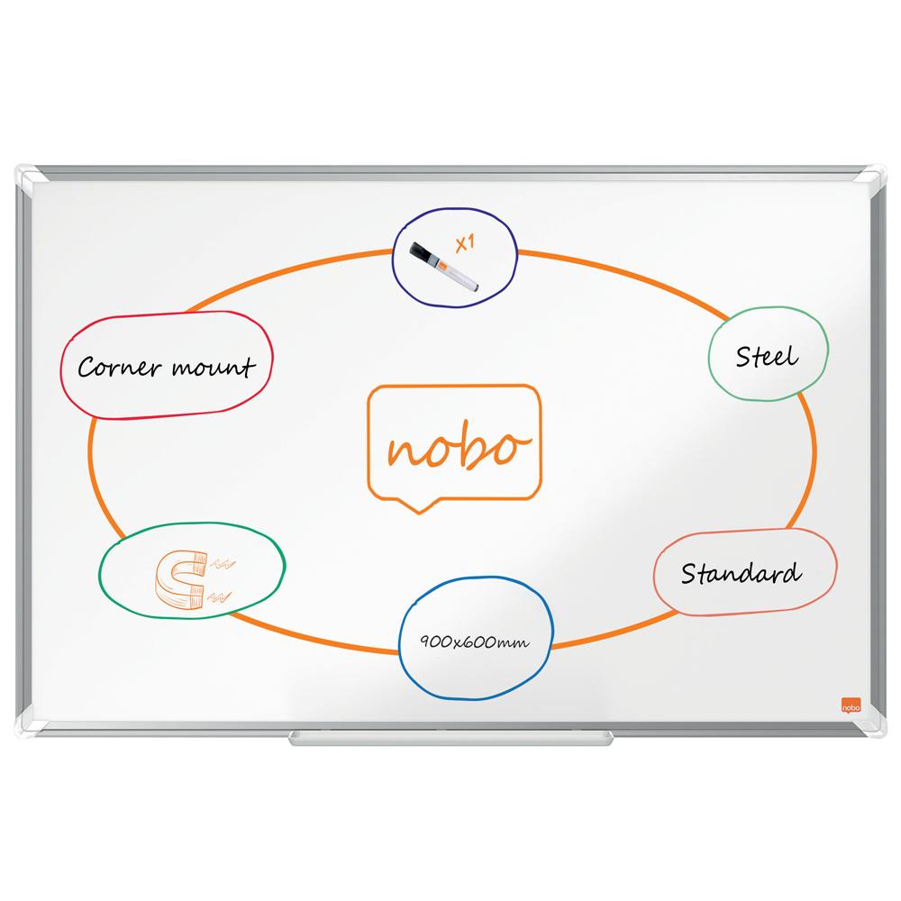 Tabla NOBO Premium Plus, otel lacuit, 90x60 cm, magnetica, include marker si tavita, alb