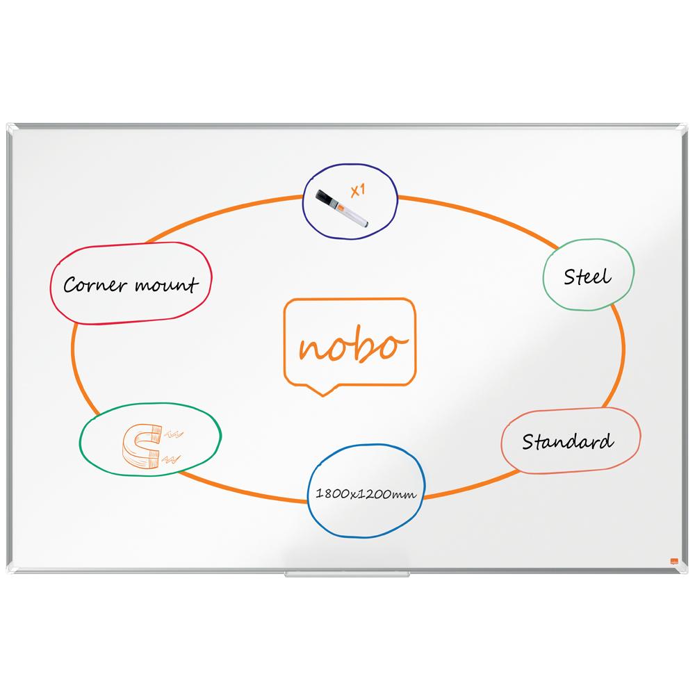Tabla NOBO Premium Plus, otel lacuit, 180x120 cm, magnetica, include marker si tavita, alb