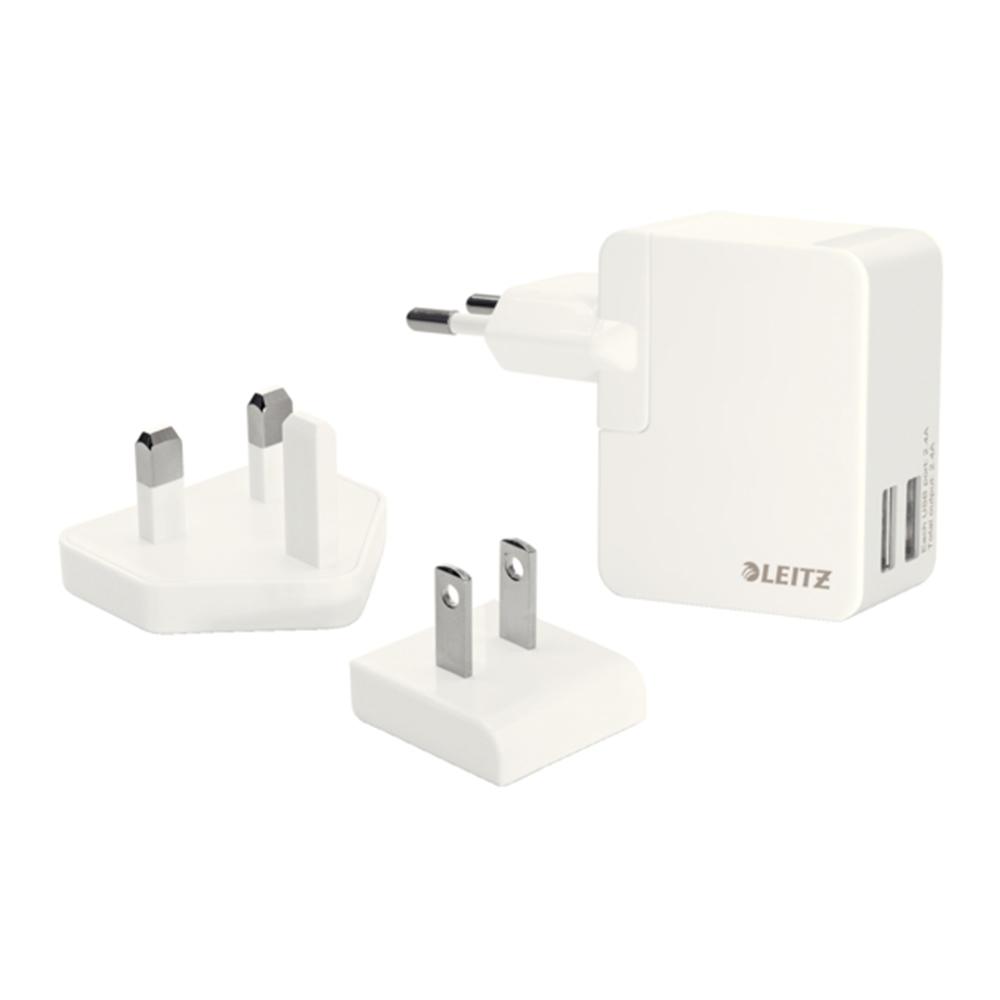 Duo-incarcator universal Leitz Complete USB pentru perete, 12W, 3 adaptoare incluse, alb