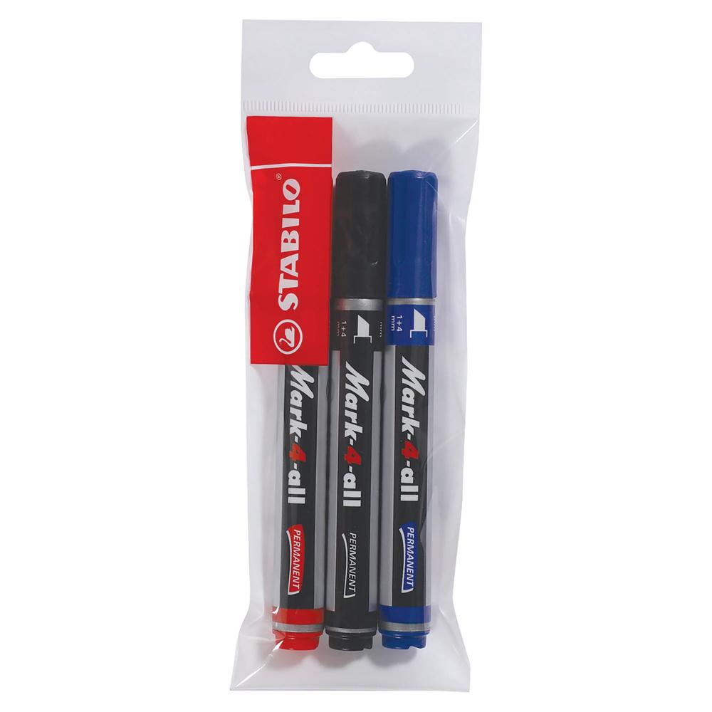 Marker permermanent Stabilo Mark-4-all, 653, B, varf tesit, 1-4 mm, set 3 culori/blister, albastru, negru, rosu