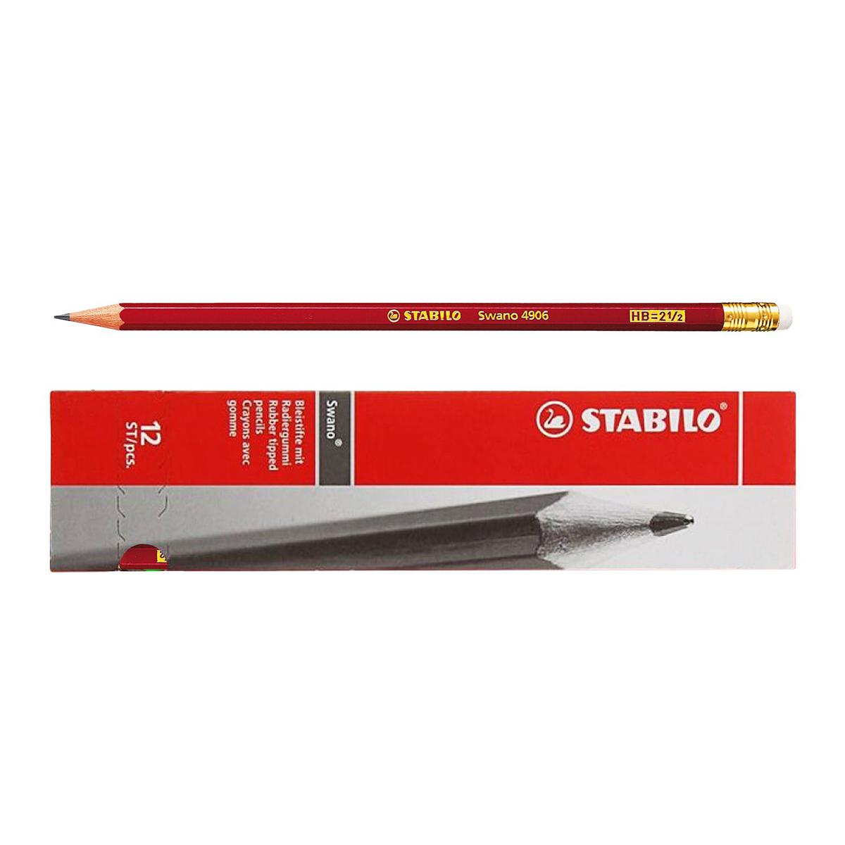 Creion grafit Stabilo Swano 4906, mina HB, cu radiera, rosu, ascutit